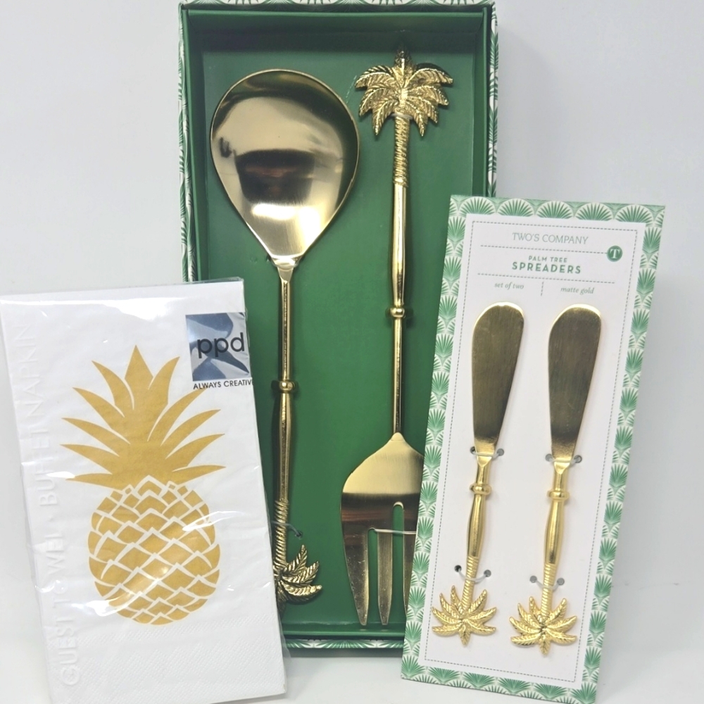 Gold Palm Tree Serving Set, Spreaders, and Dinner Napkins